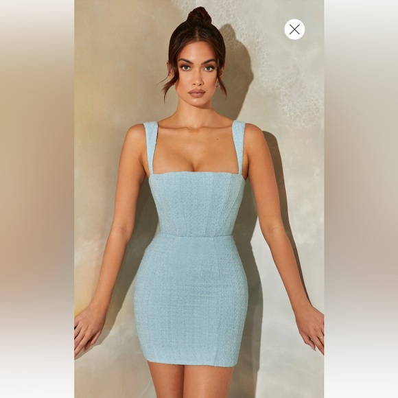 Oh Polly Tweed Square Neck Corset Mini Dress in Light Blue - Picture 1 of 2